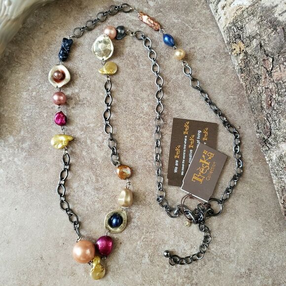 TRESKA Venus Collection beaded baubles pearls strand chain link necklace NEW - Picture 2 of 5